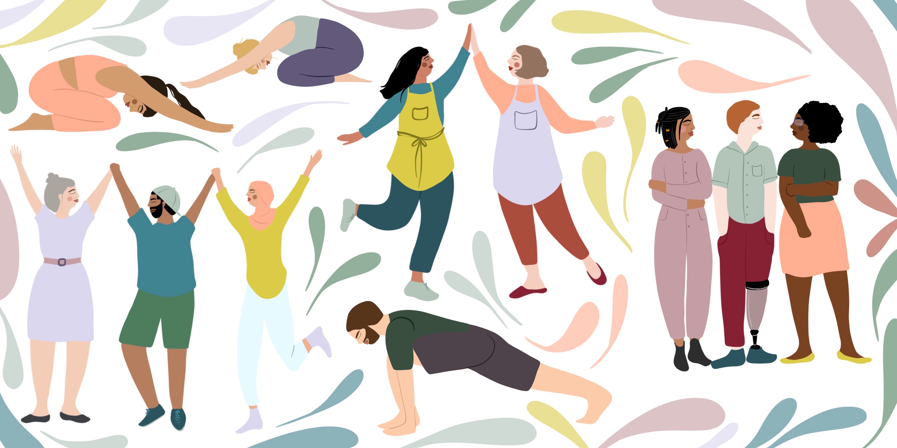 Illustrations of a diverse group of people in yoga poses and celebrating