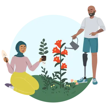 An illustration of two people tending to a garden with flowers