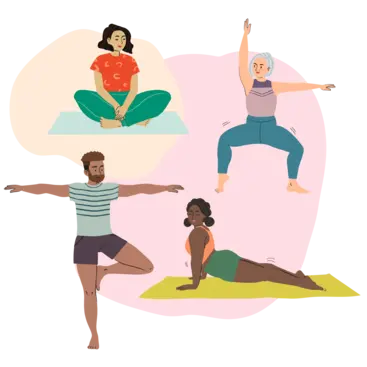 An illustration of 4 people in yoga poses